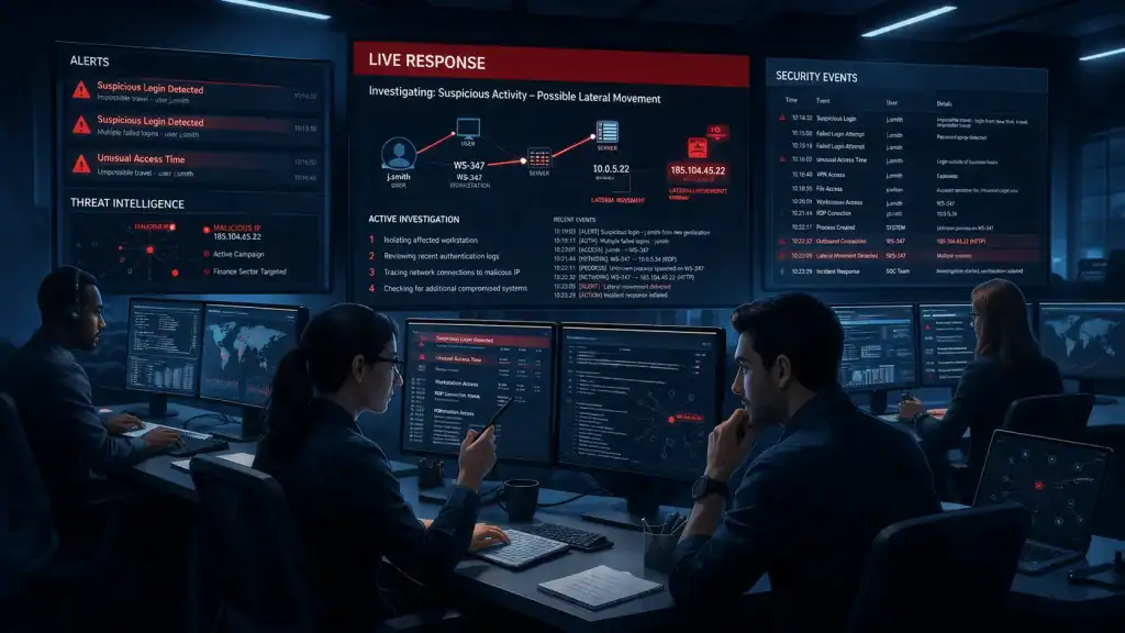 Inside a Security Operations Center, cybersecurity specialists investigate suspicious activity