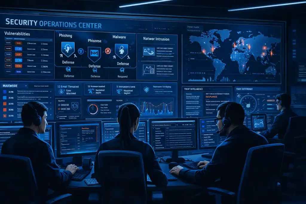 High-tech Security Operations Center workspace featuring a large digital wall display