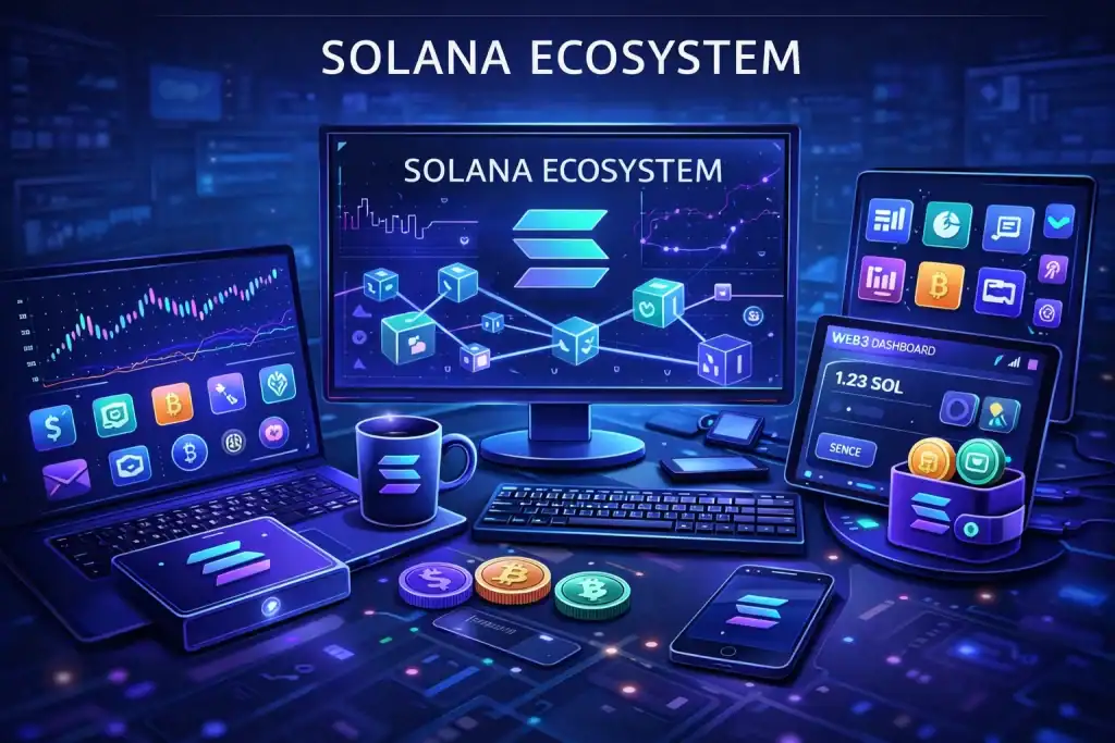 Modern workspace scene featuring the Solana Ecosystem