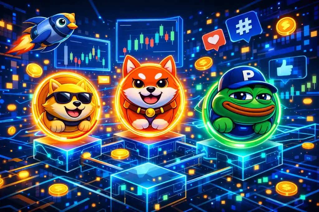 Meme Coins represented by playful token characters