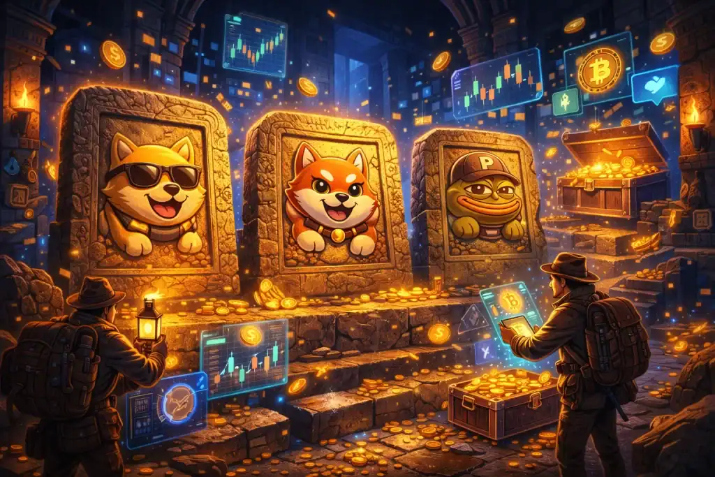 Meme Coins carved into ancient stone tablets inside a surreal crypto temple