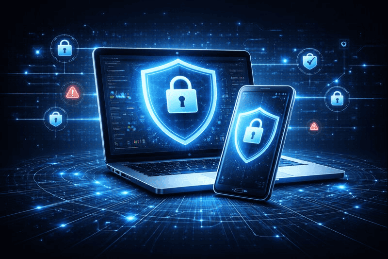 Secured laptop and phone with glowing padlock icons.