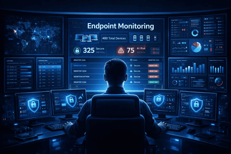 IT admin monitoring secure endpoints in high-tech control center.