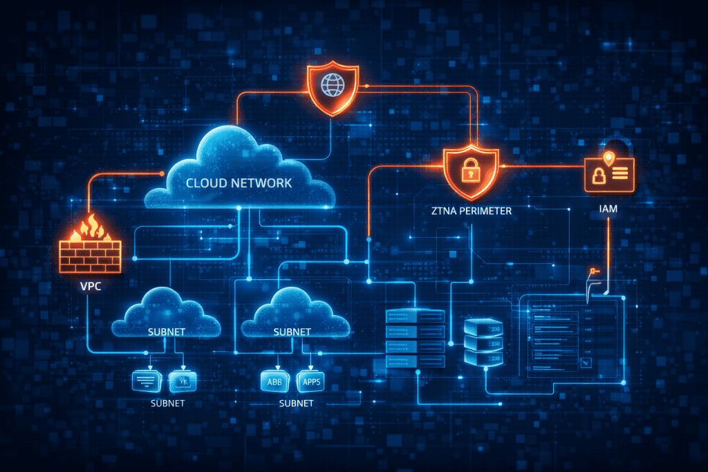 Cloud network diagram highlighting access control points and secure gateways.