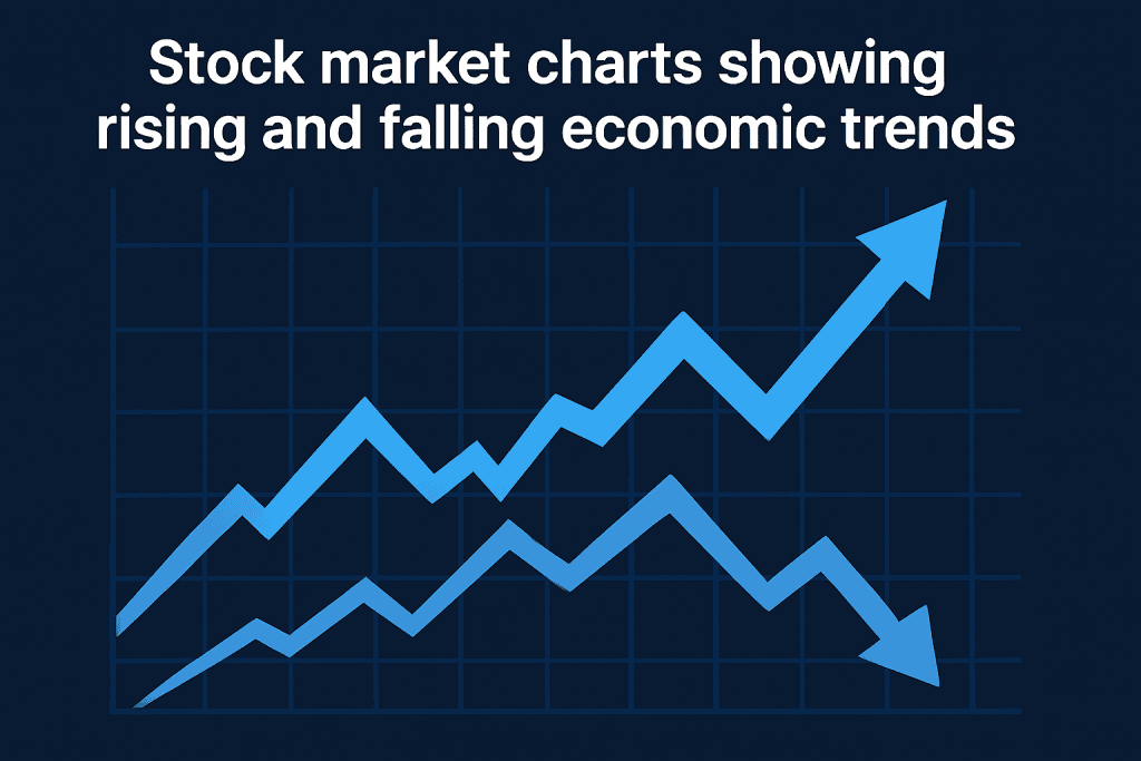 Stock market charts showing rising and falling economic trends.