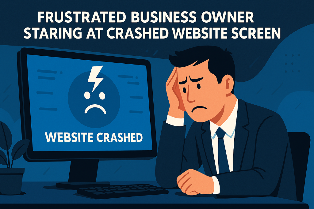 Frustrated business owner staring at crashed website screen.
