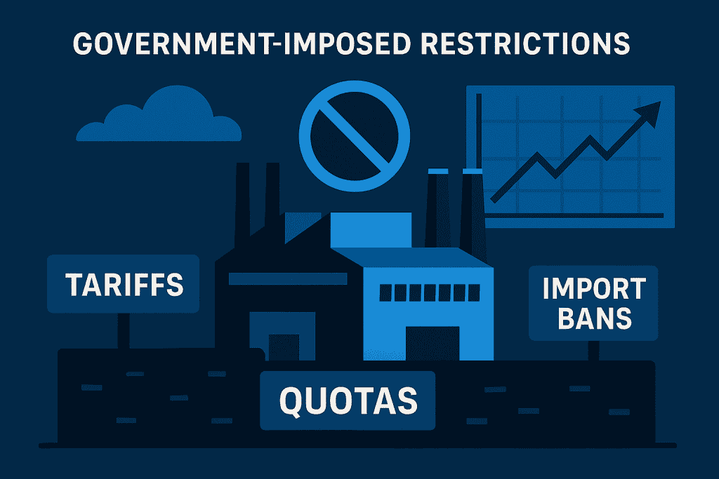 Illustration of government-imposed restrictions in a closed economy, including trade barriers and domestic industry development.
