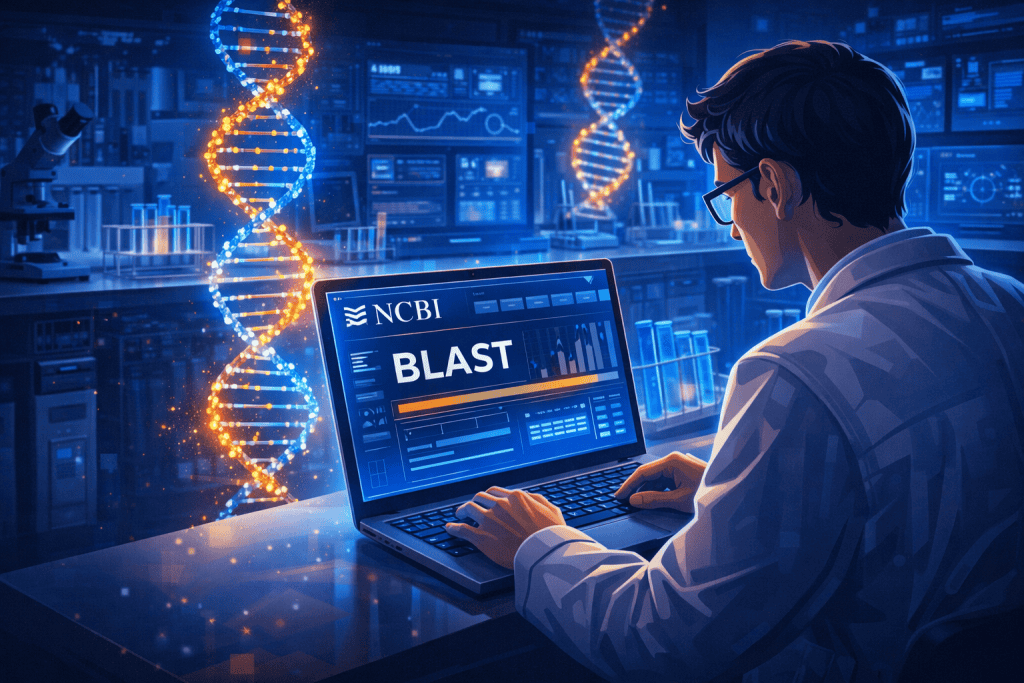Scientist using NCBI BLAST in bioinformatics lab with glowing DNA strands.