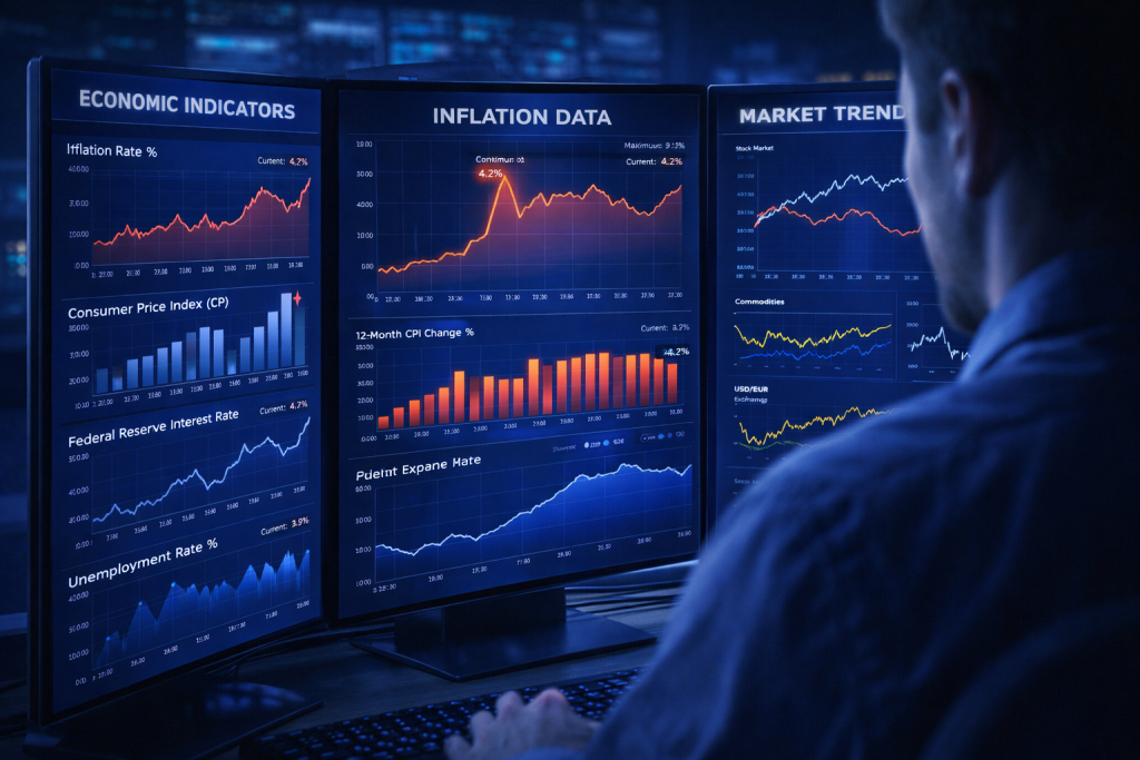 Analyst reviews inflation charts and market trends on dashboard.