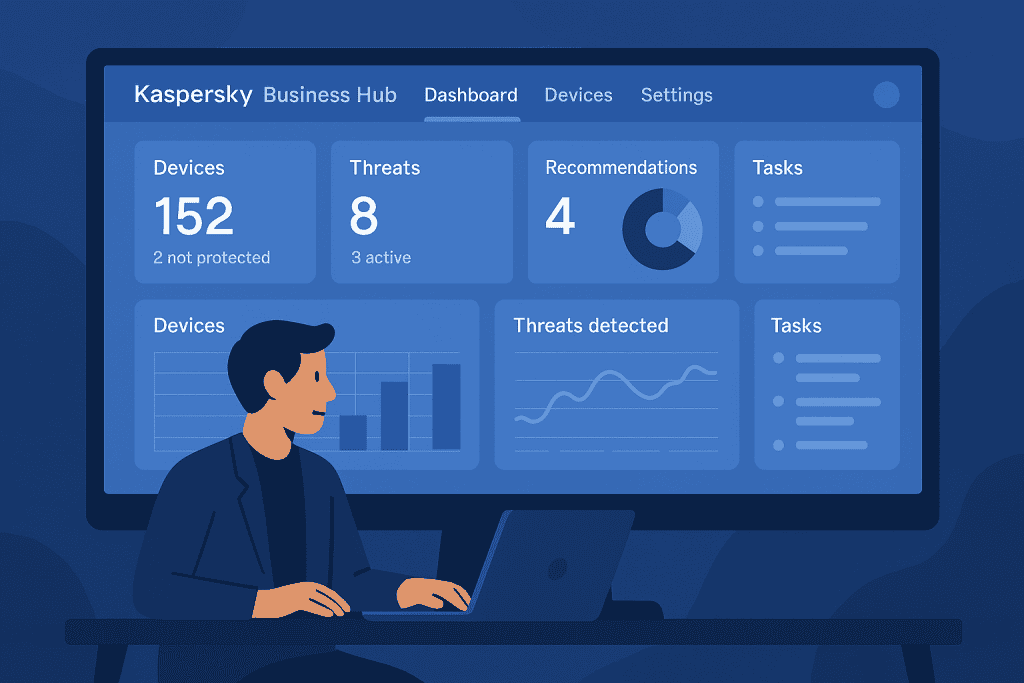 Dashboard view of Kaspersky Business Hub for endpoint management.