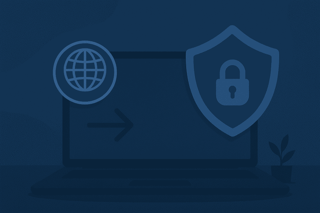 VPN and security shield icons protecting a computer.