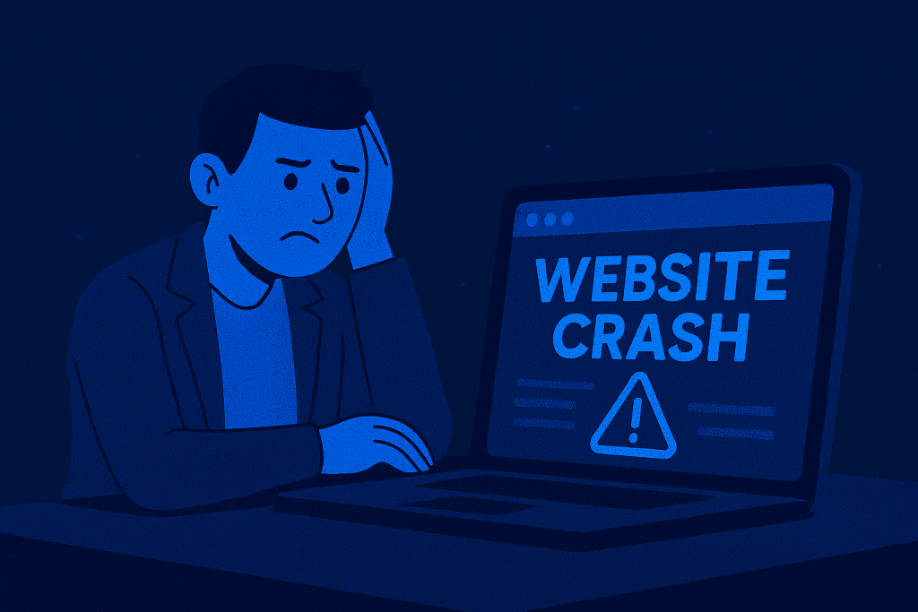 Frustrated business owner staring at crashed website screen.