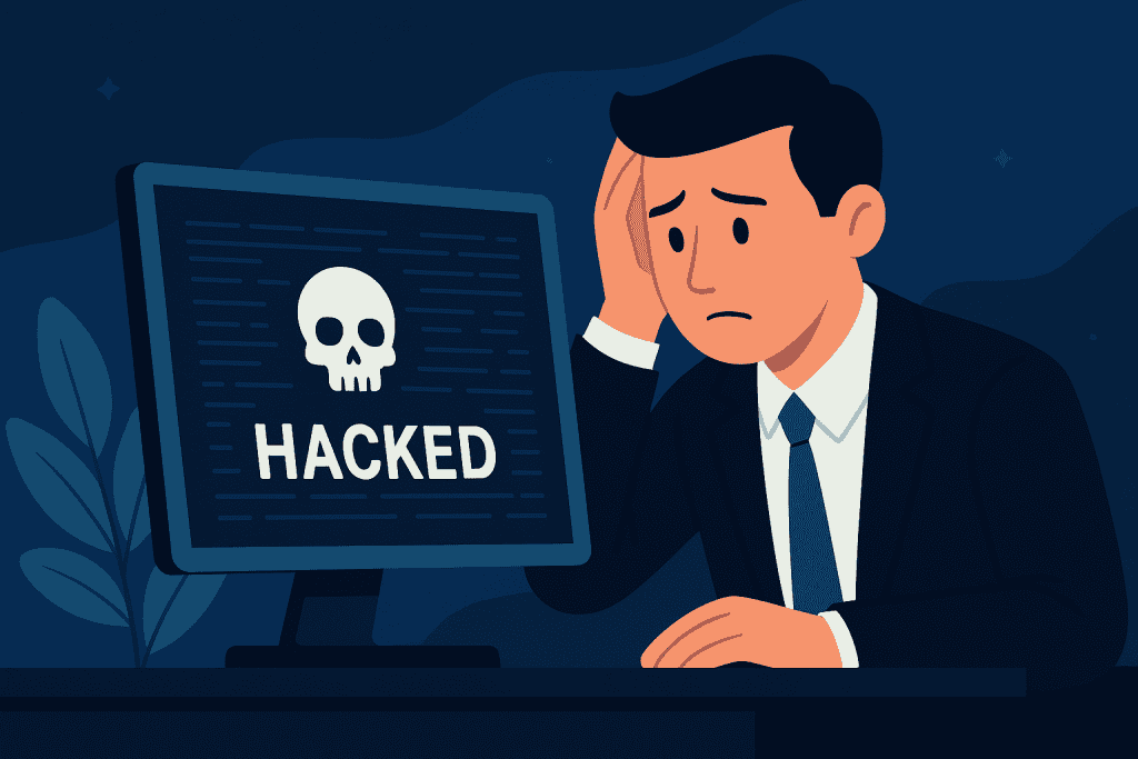 A worried business owner looking at a hacked computer screen.