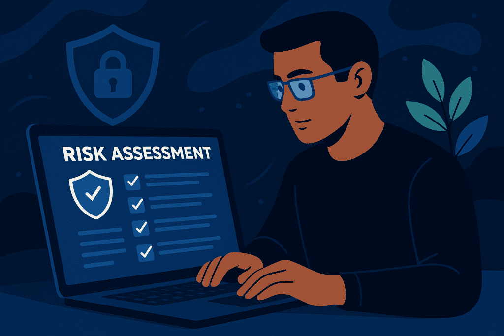 A cybersecurity professional analyzing a risk assessment checklist on a laptop.