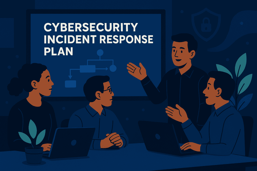 An IT team in an office discussing a cybersecurity incident response plan.