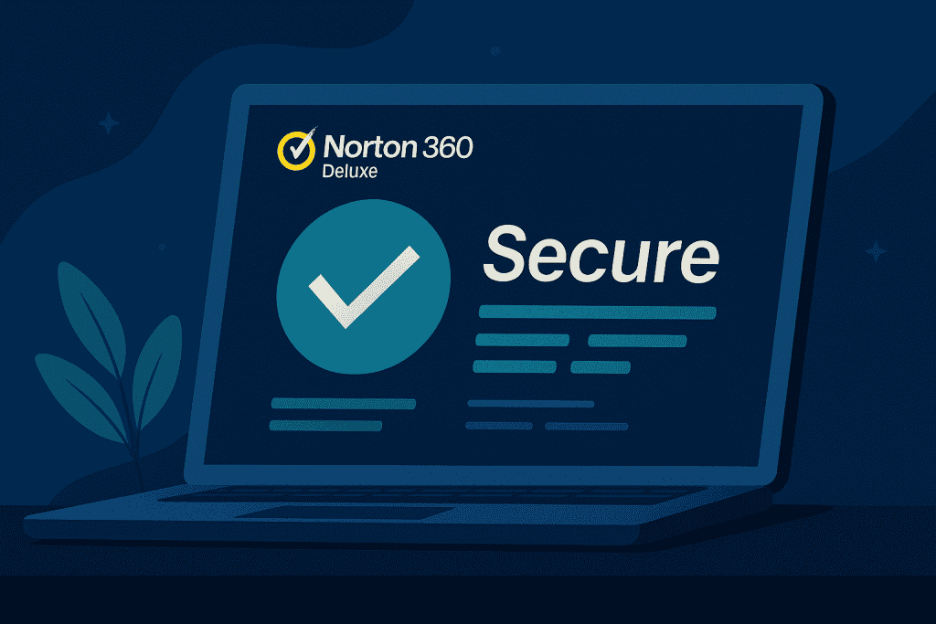 A laptop screen showing Norton 360 Deluxe antivirus in action.