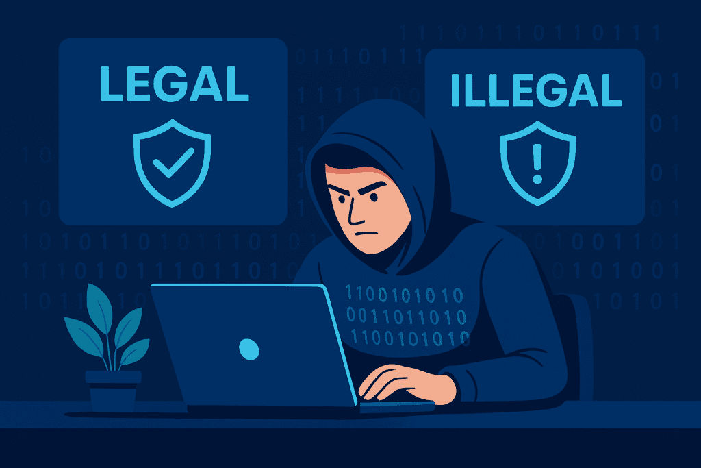 A hacker at a desk with security codes, representing legal vs. illegal Ethical Hacking.