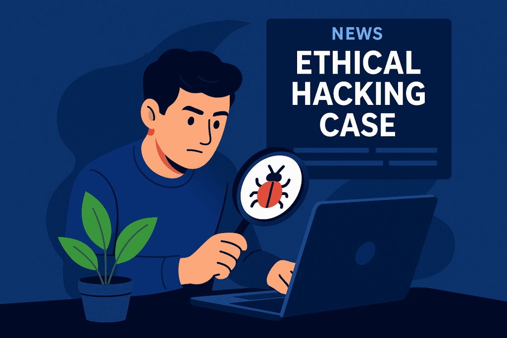 A researcher analyzing malware with news headlines about his Ethical Hacking case.