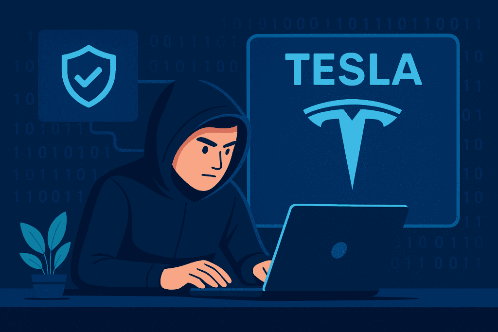 A hacker testing Tesla’s system, revealing Ethical Hacking in cybersecurity.