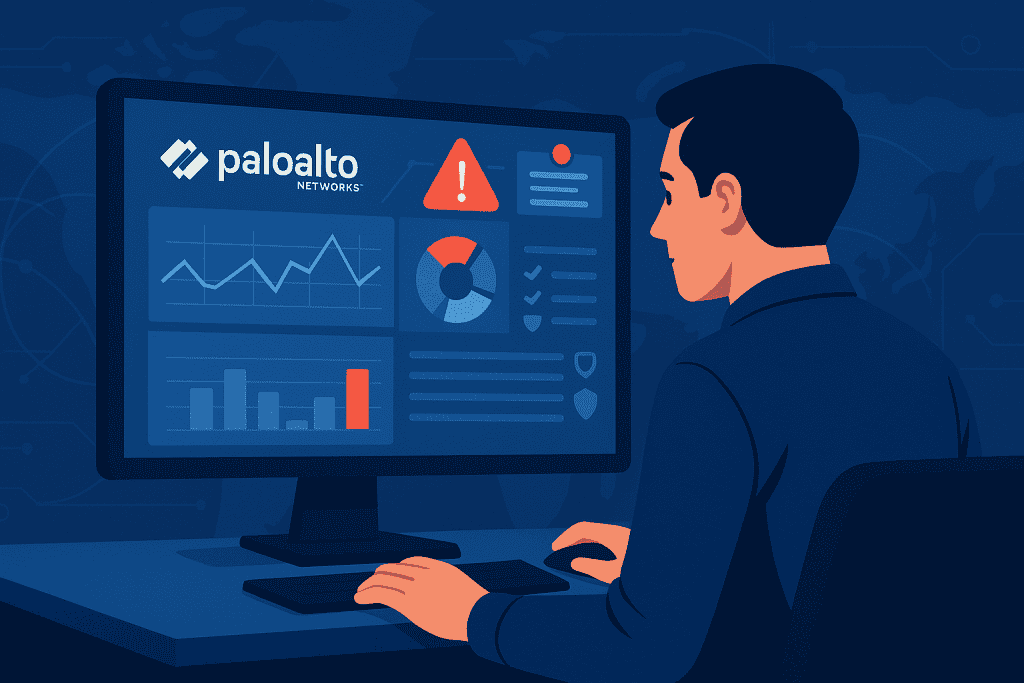 Cybersecurity expert analyzing Palo Alto Networks Firewall dashboard.