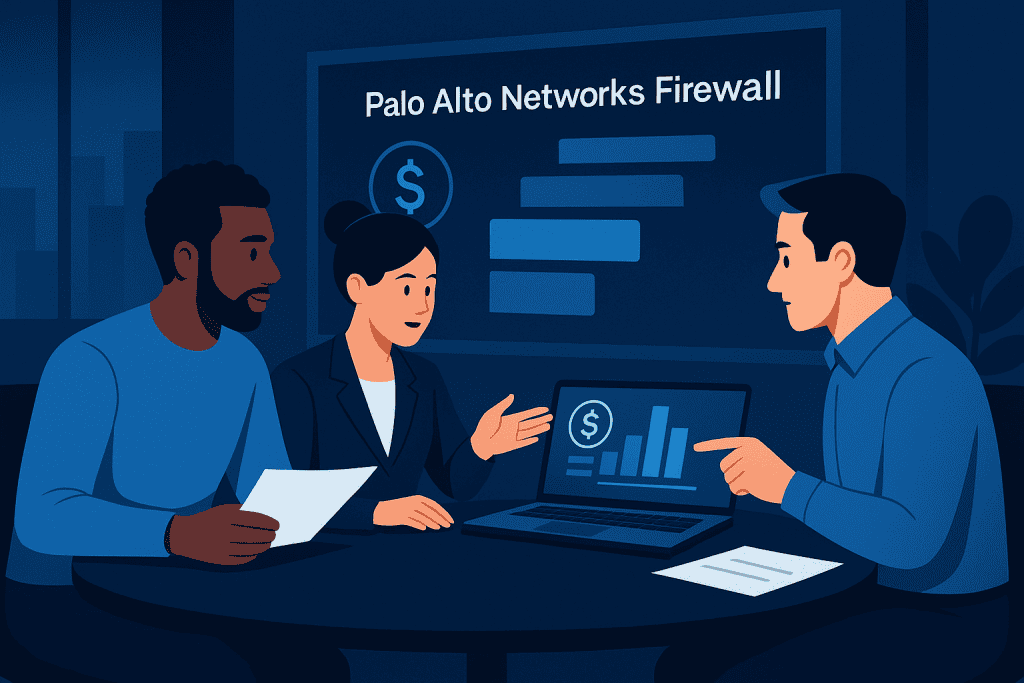 Team on table analyzing Palo Alto Networks Firewall pricing'