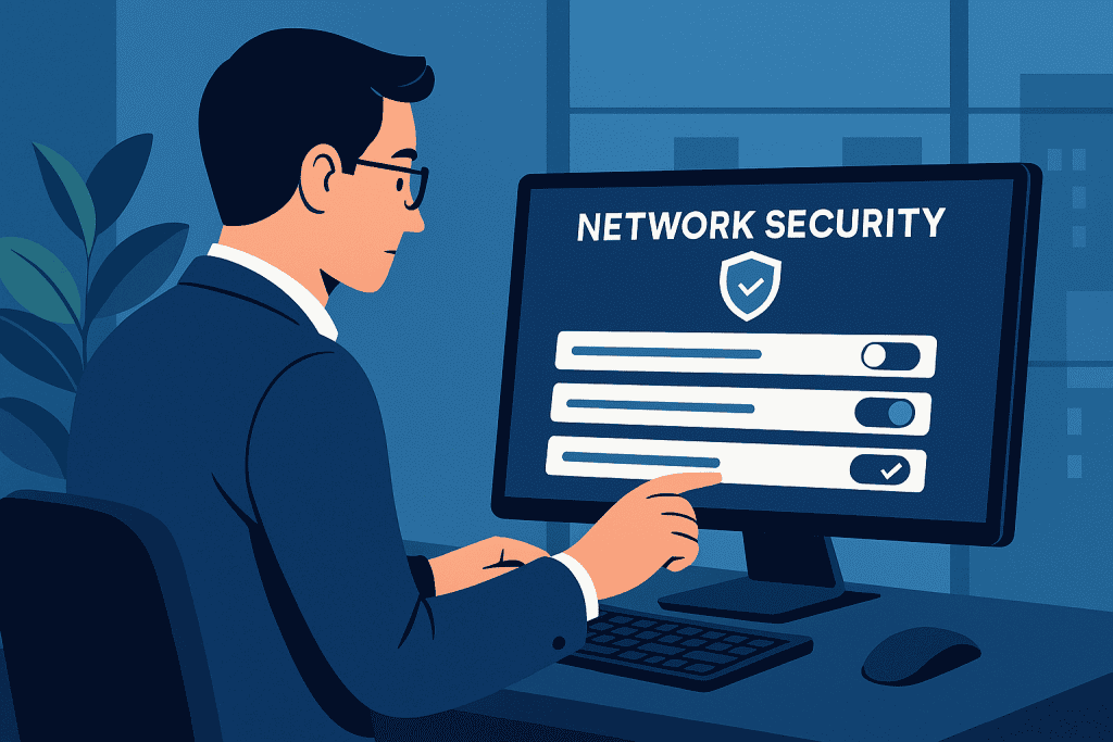 Professional managing network security settings on a computer.