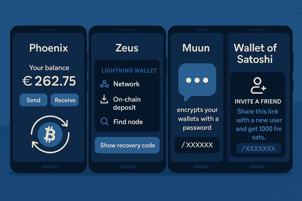 Different features of Phoenix Wallet, Zeus Wallet, Muun Wallet, BlueWallet, and Wallet of Satoshi.