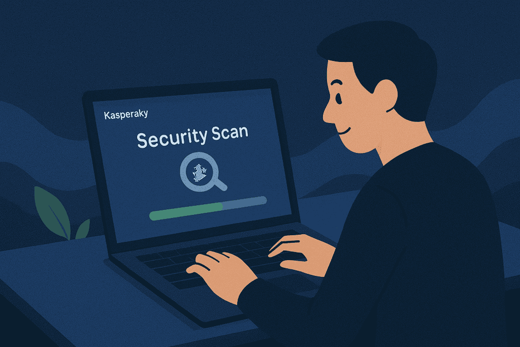 A person using a laptop with Kaspersky running a security scan.