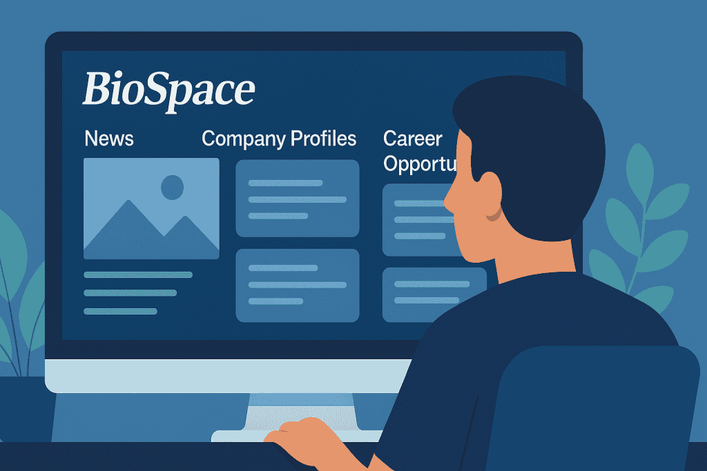 BioSpace platform homepage displaying biotech news, company profiles, and career opportunities.