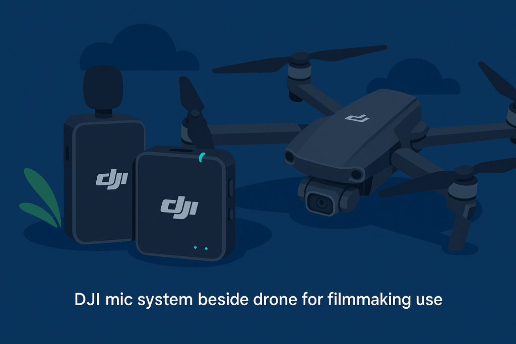 DJI Wireless Microphone beside a drone, highlighting its role in filmmaking.