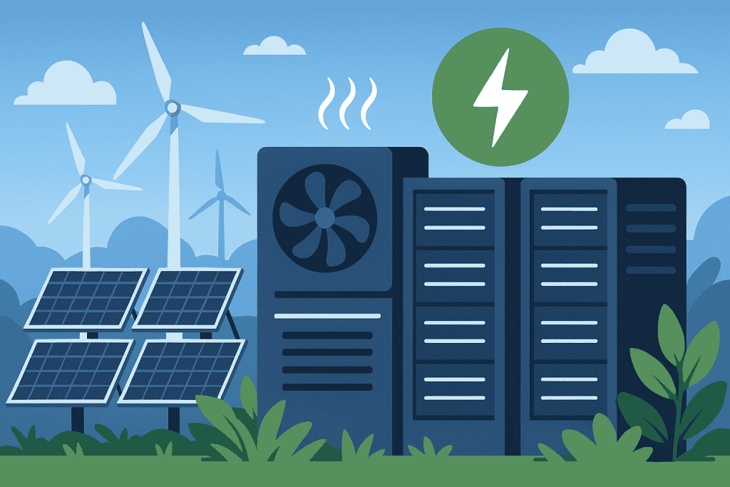 A futuristic data center powered by renewable energy with eco-friendly cooling.
