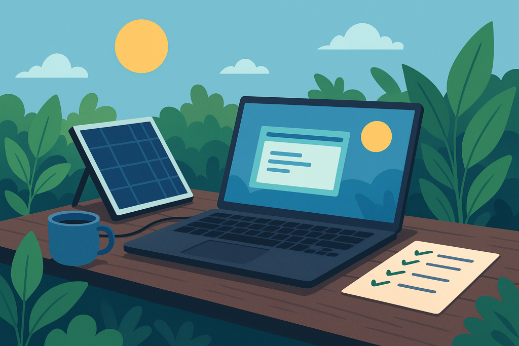 A laptop on a solar-powered desk surrounded by lush greenery.