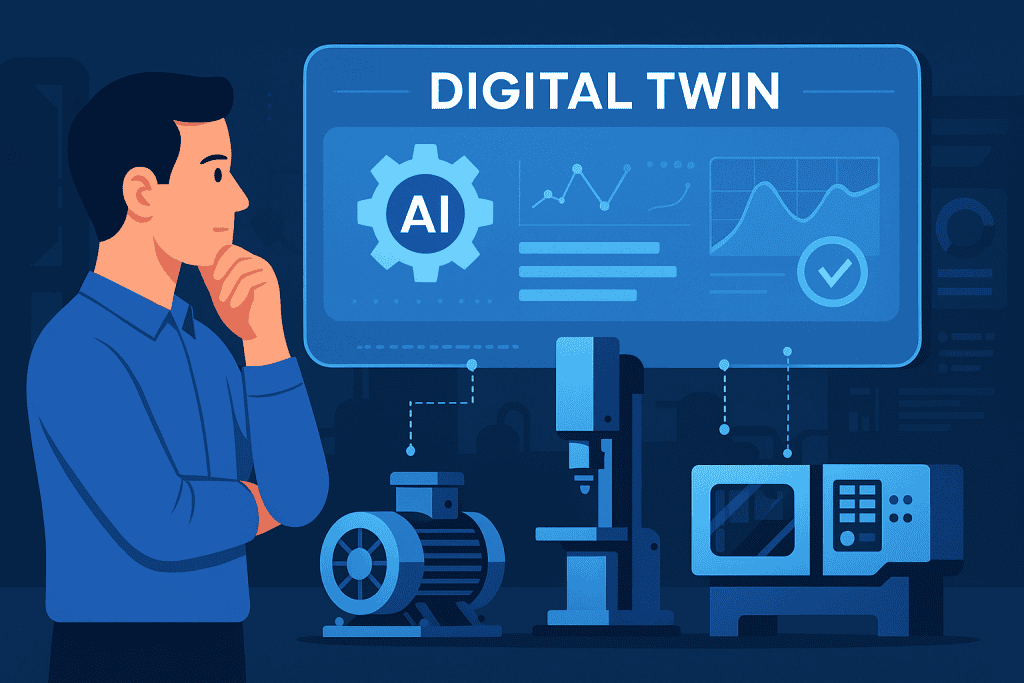 AI 기반 예측 분석 대시보드가 탑재된 산업용 디지털 트윈 모니터링 머신.