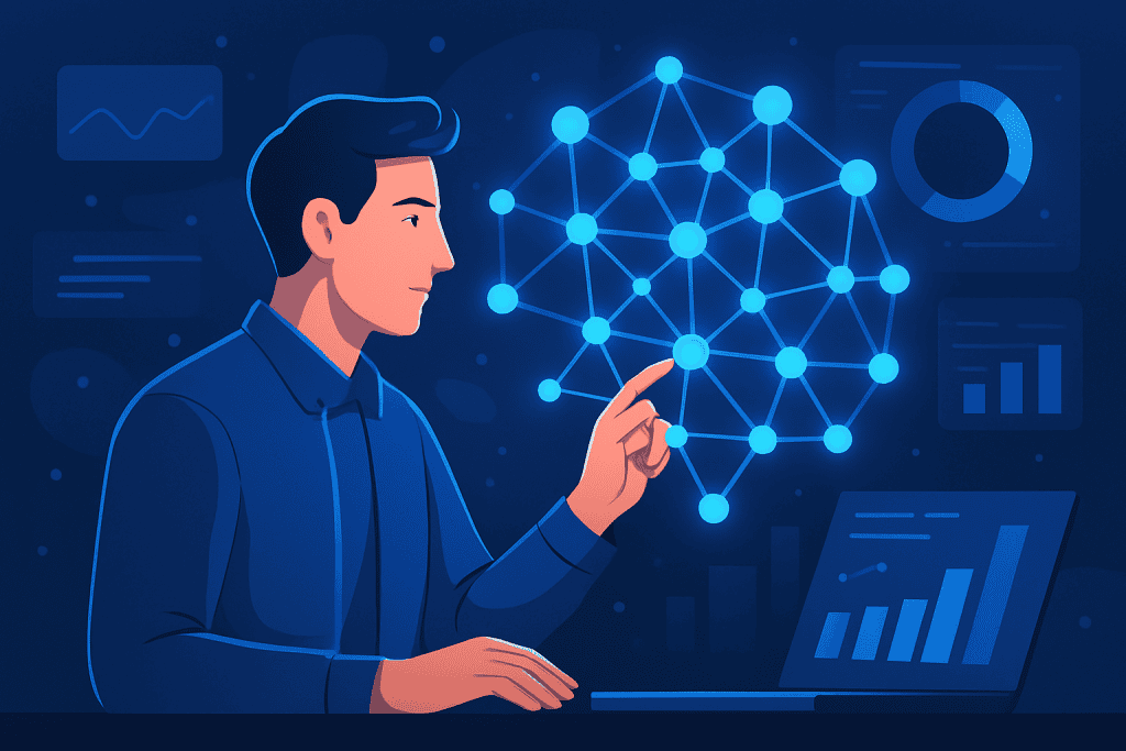 AI engineer analyzing neural networks with holographic data visualizations around.