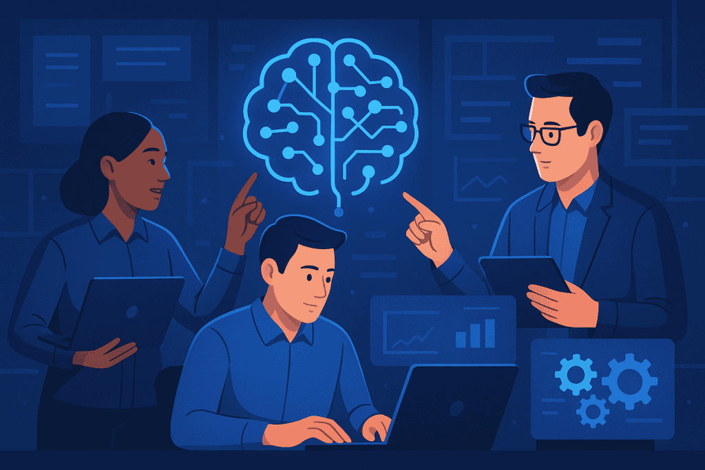 Team of machine learning engineer collaborating in high-tech innovation lab.