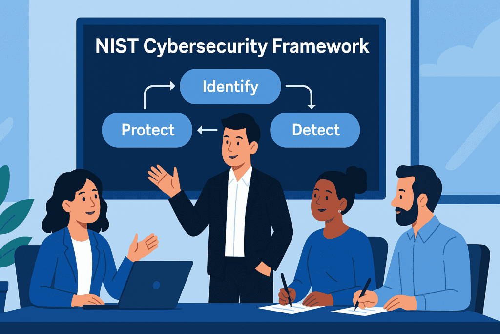 Team discussing NIST Cybersecurity Framework strategies on a meeting.