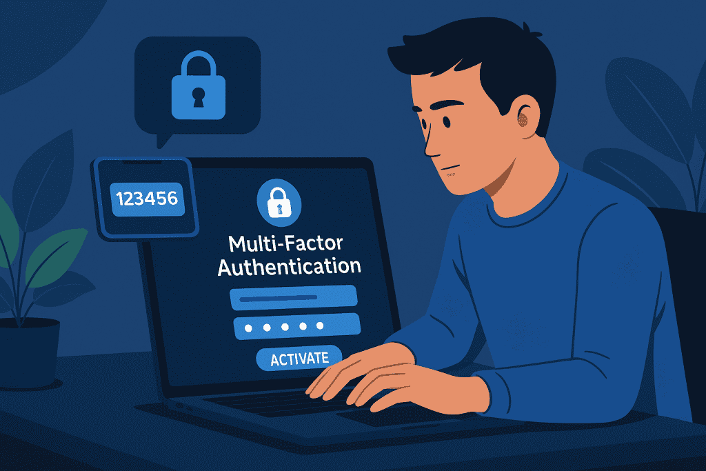 IT professional setting up multi-factor authentication on a laptop.