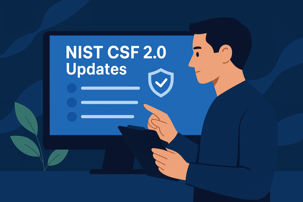 Cybersecurity expert reviewing NIST CSF 2.0 framework updates on screen