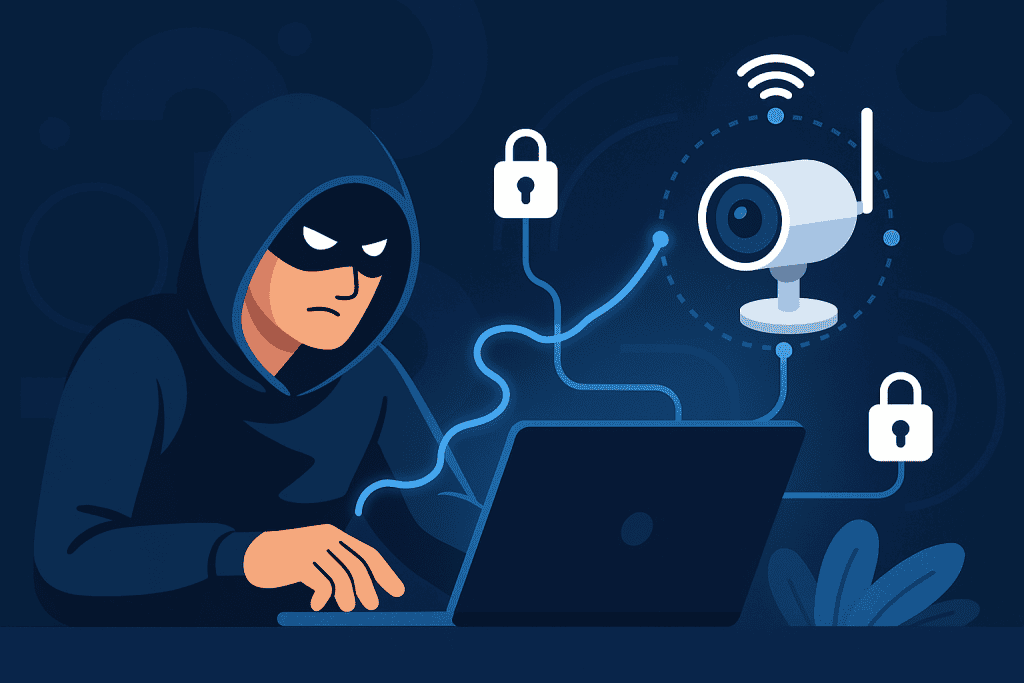 Hacker attempting to breach a network through an unprotected IoT device.
