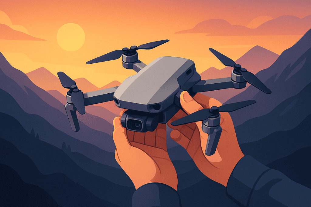 Close-up of a person holding a compact, foldable DJI camera drone.