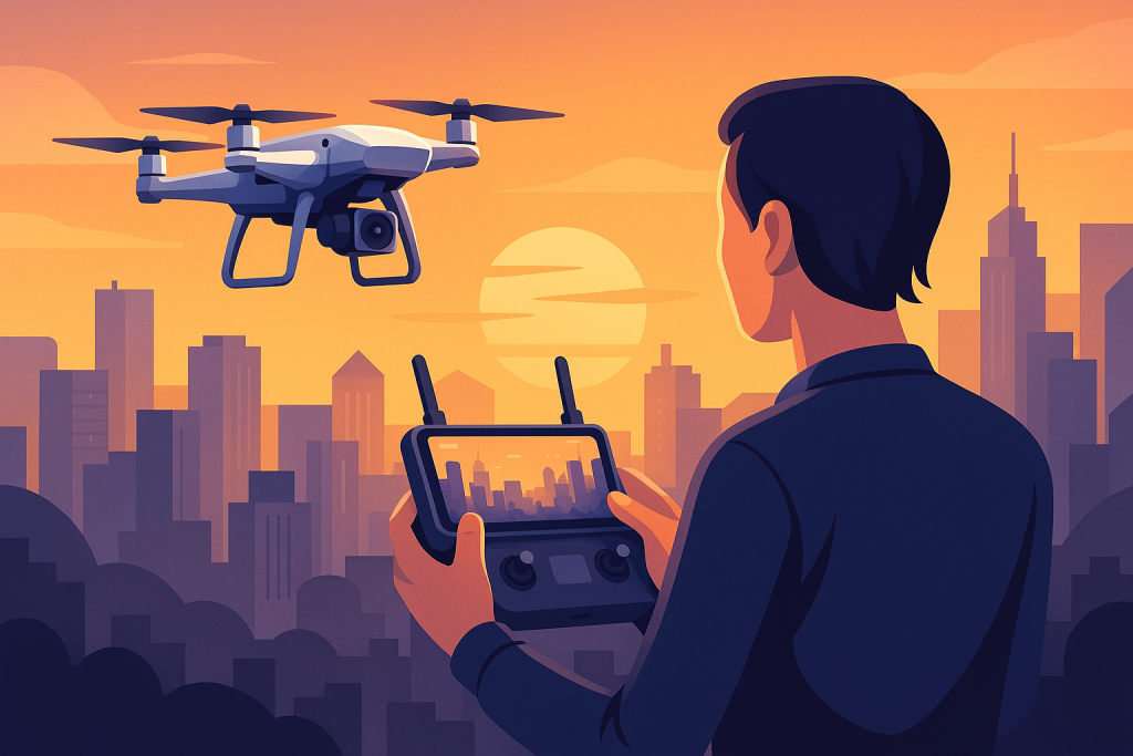 A vlogger using a DJI camera drone to capture cinematic city shots.