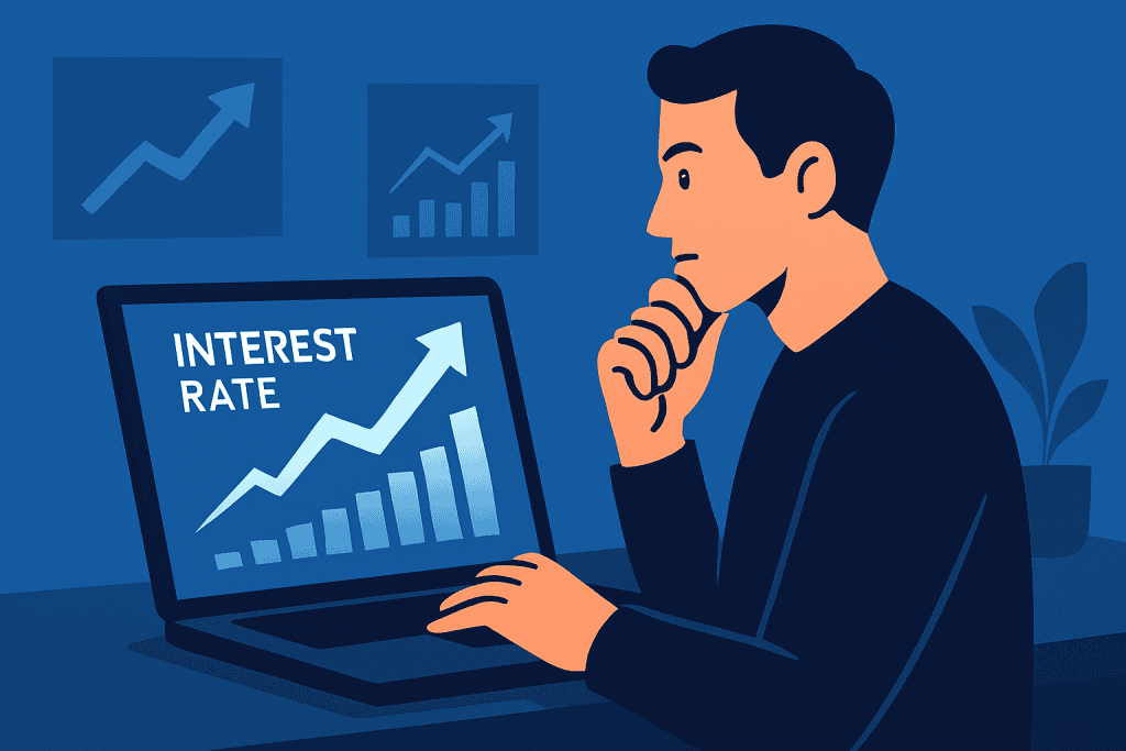 Man looking at rising interest rate charts on a laptop.