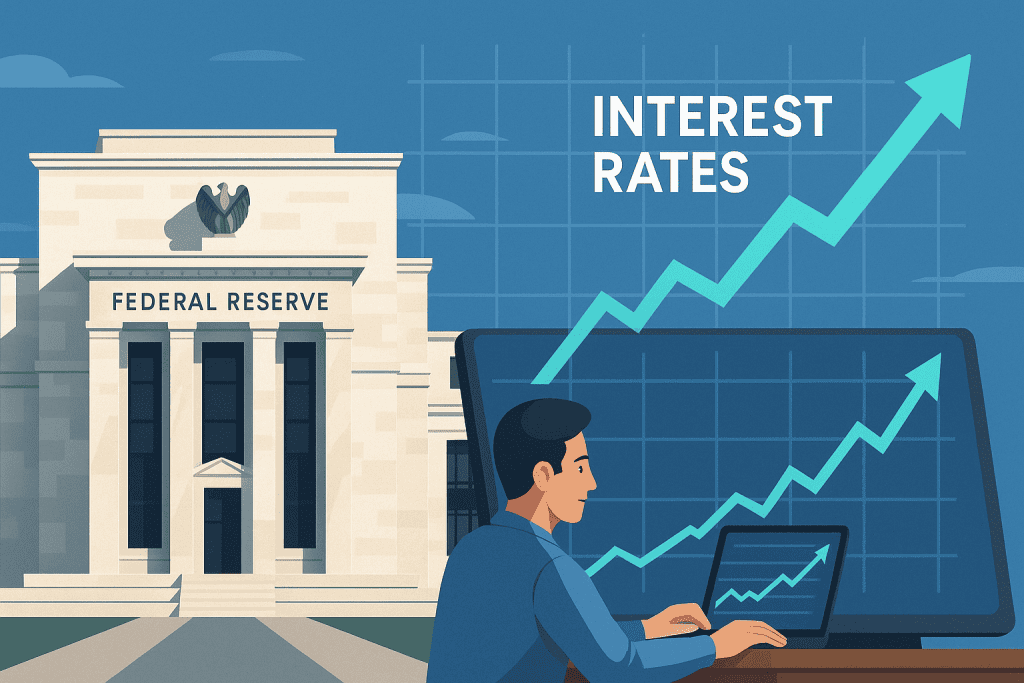 Federal Reserve building with an upward-trending interest rate graph overlay