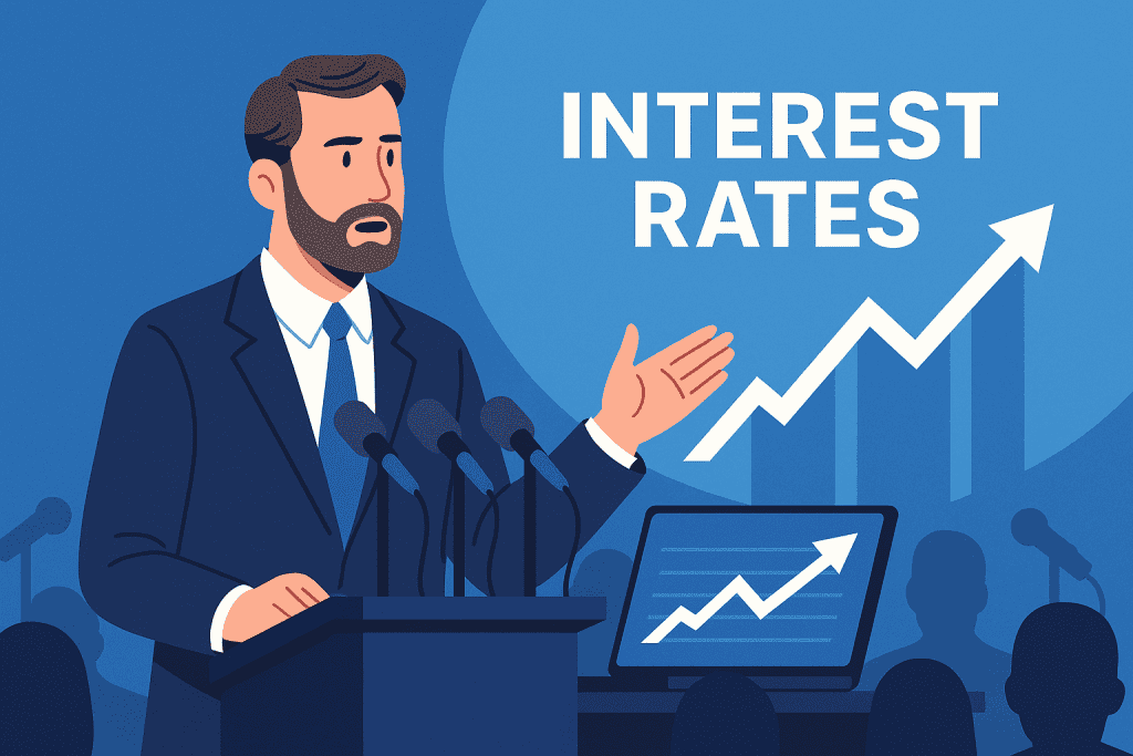 Man speaking at a press conference about interest rates.