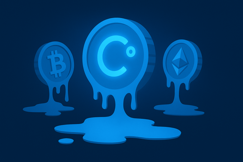Cryptocurrency coins melting into liquid, symbolizing Celsius Network volatility.