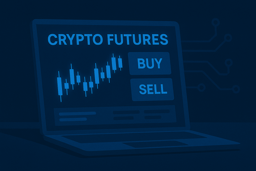 Laptop displaying Crypto Futures trading platform setup.