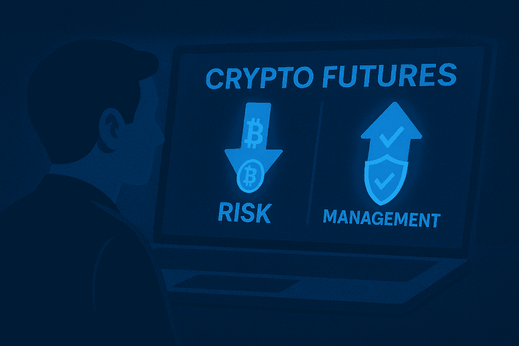 Crypto Futures trader with risk management contrast.