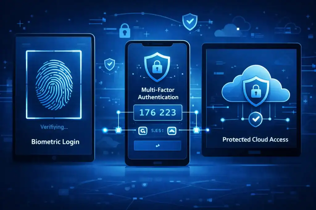 Identity Access Management concept with biometric login, multi-factor authentication, and protected cloud access on digital screens