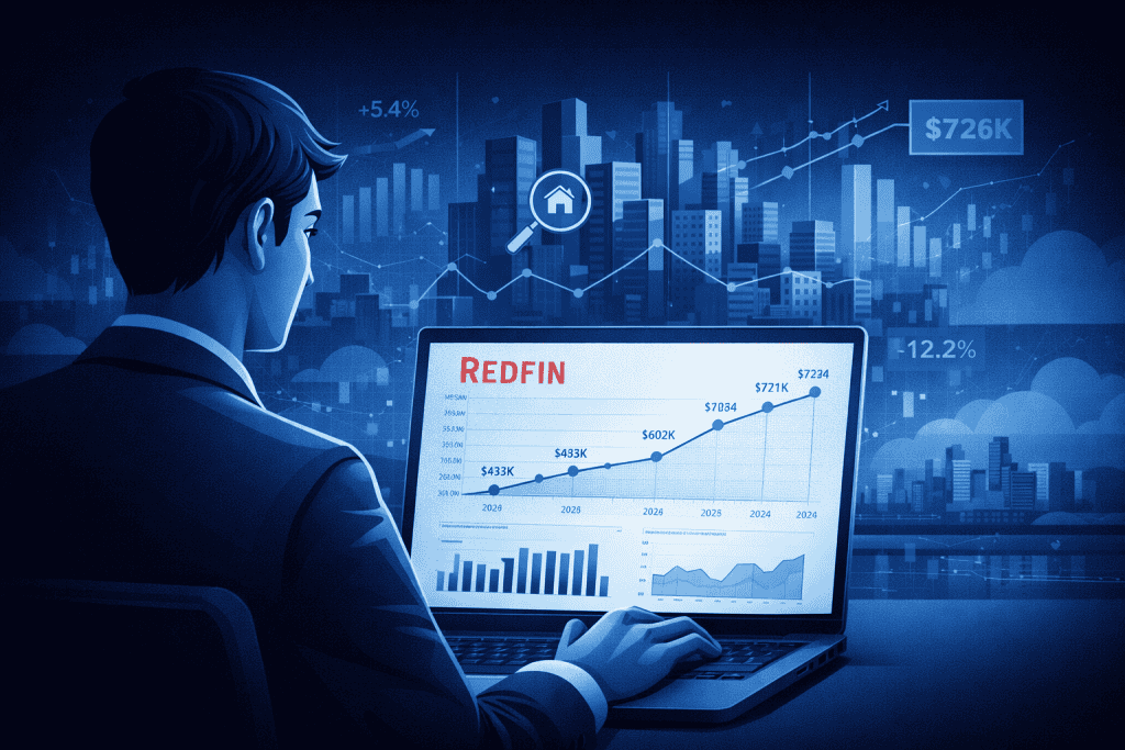Analyst reviewing housing market charts with city skyline background.