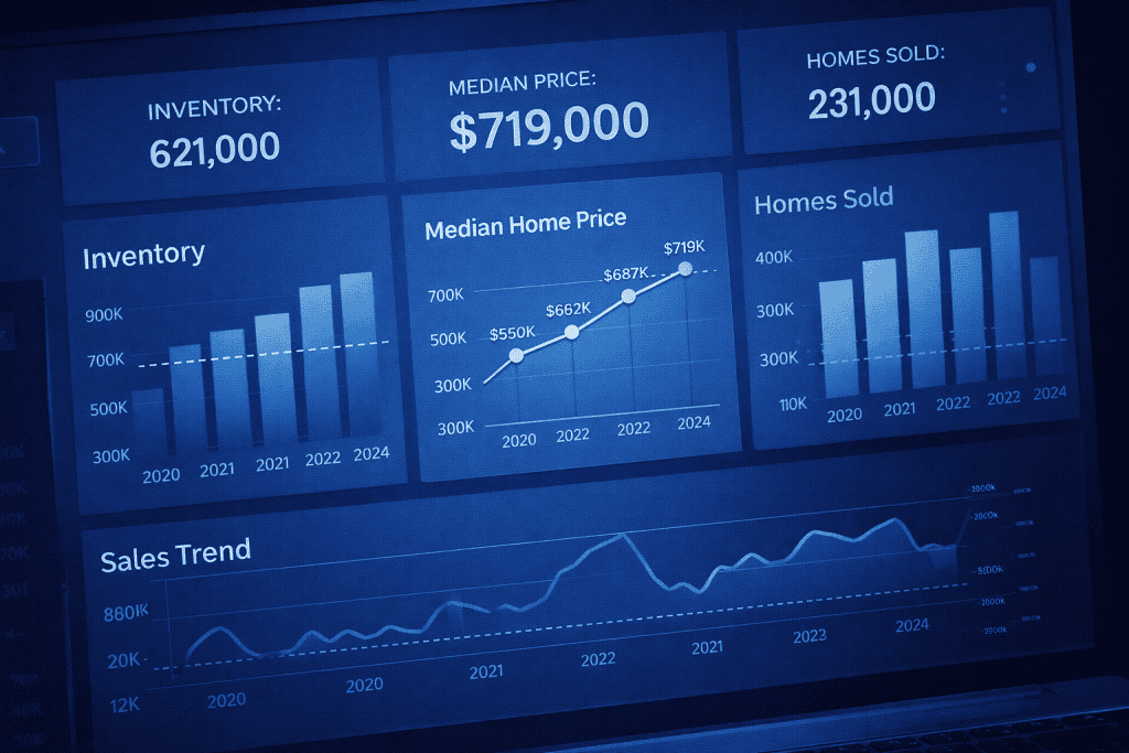 Housing dashboard with inventory, prices, and sales trend graphs.
